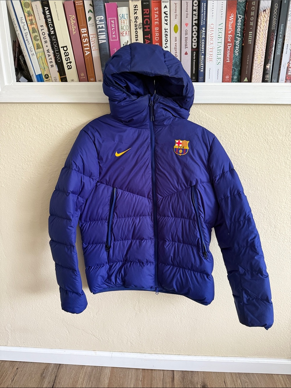 Nike FC Barcelona Blue Sideline Puffer Jacket with Yellow Swoosh
